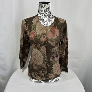 Lauren Ralph Lauren Sweater Women's Sz M Brown Pink Floral Silk Cotton Cardigan